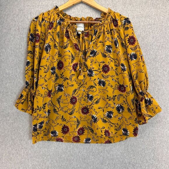 Misa Los Angeles Womens Medium Floral Ruffle Blouse Long Sleeve Boho Yellow Boho - Picture 1 of 11